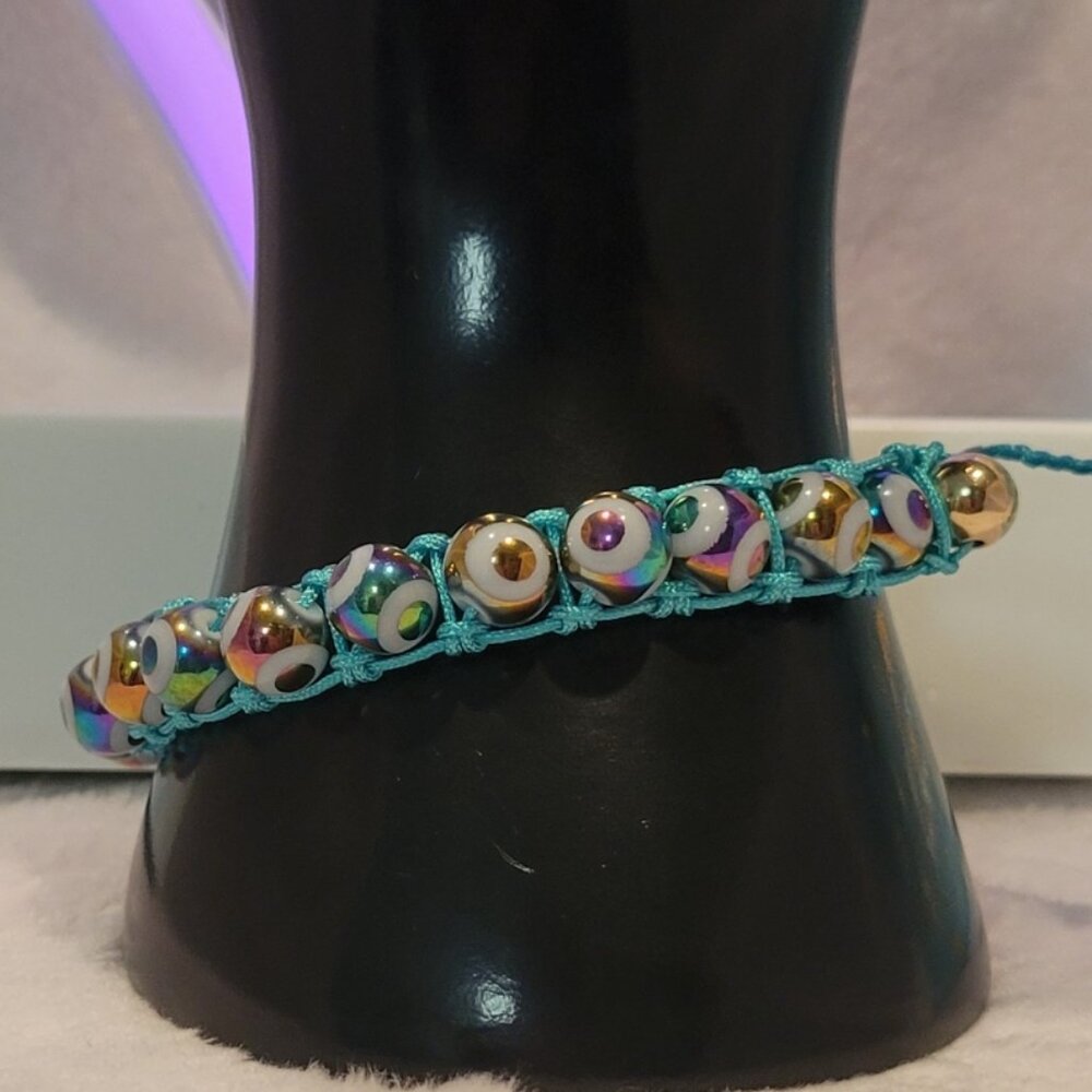 Rainbow & Teal "Evil Eye" Adjustable Bracelet HANDMADE